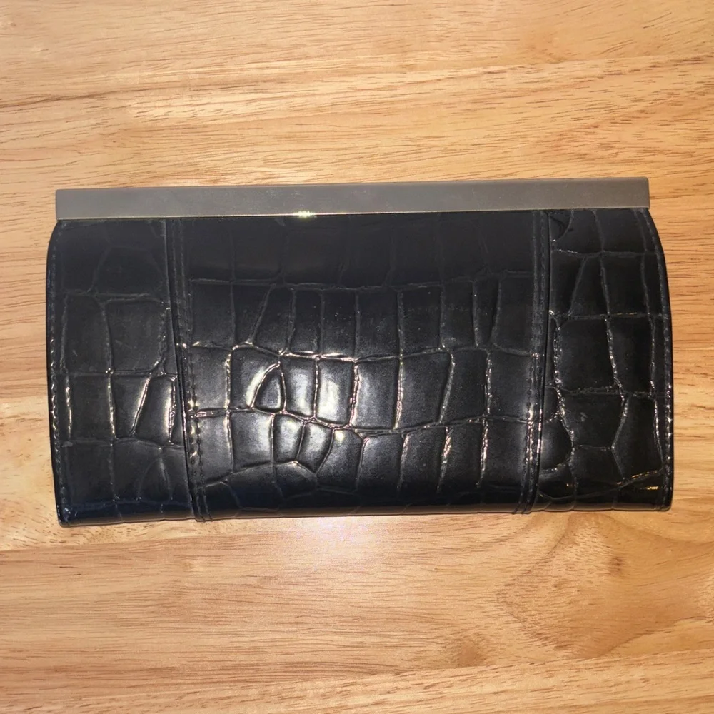 Woman’s Vintage Black Croc Clutch Wallet with Silver Frame